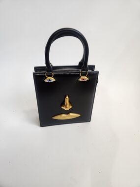 Black  Top Handle Purse with Gold Face Accents